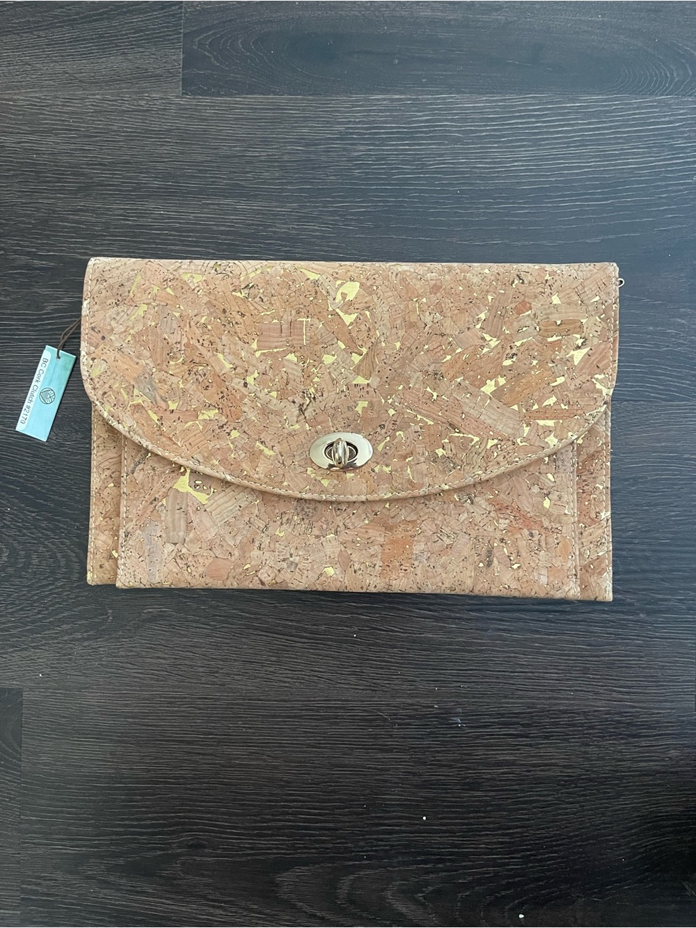 Cork Envelope Clutch with Gold Fleck ! Comes with a long strap